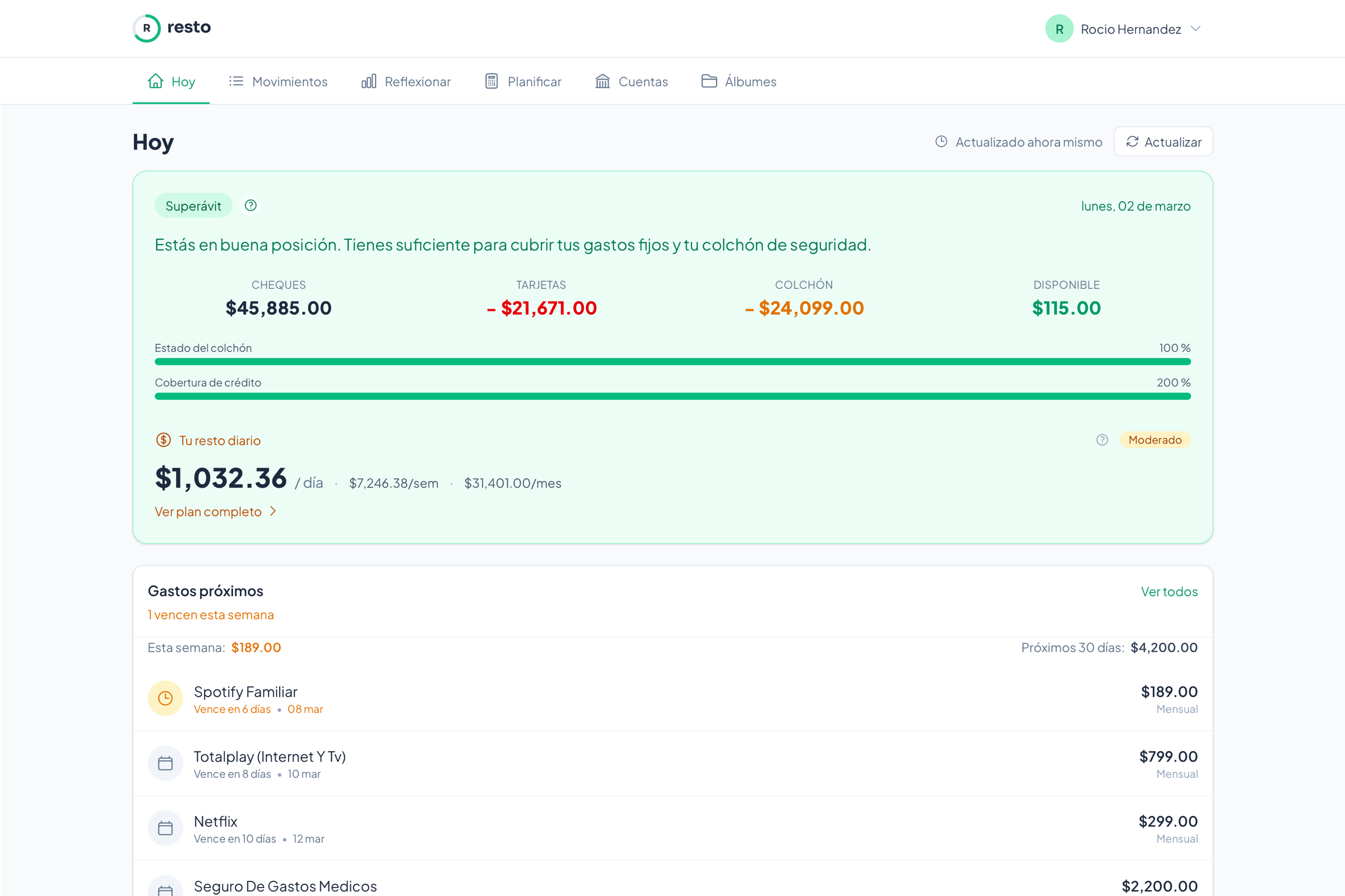 Panel de Resto mostrando el resto diario y resumen de gastos